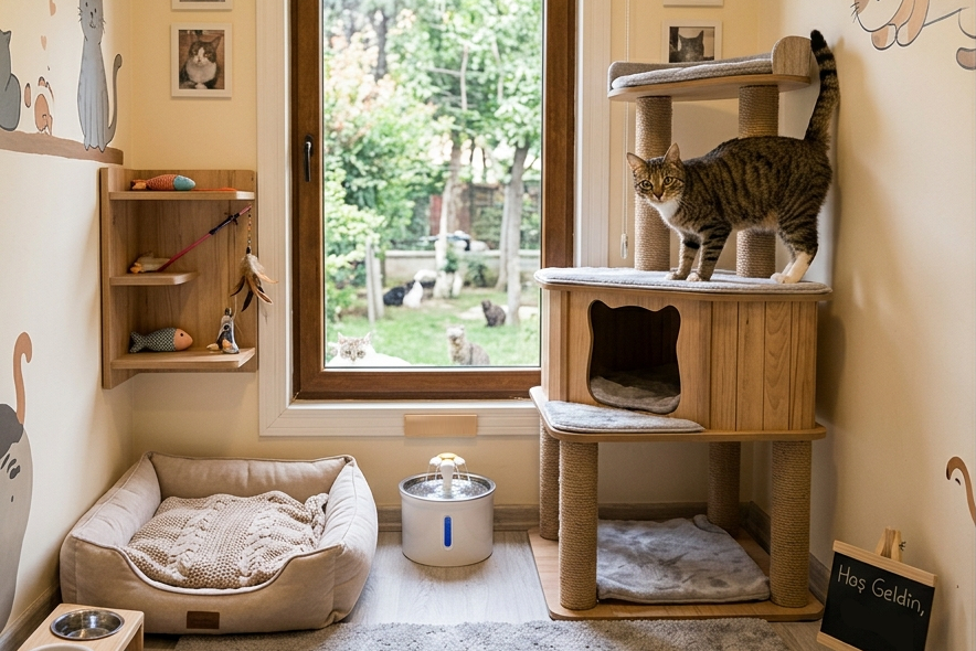 Ferah ve temiz kedi konaklama alanı